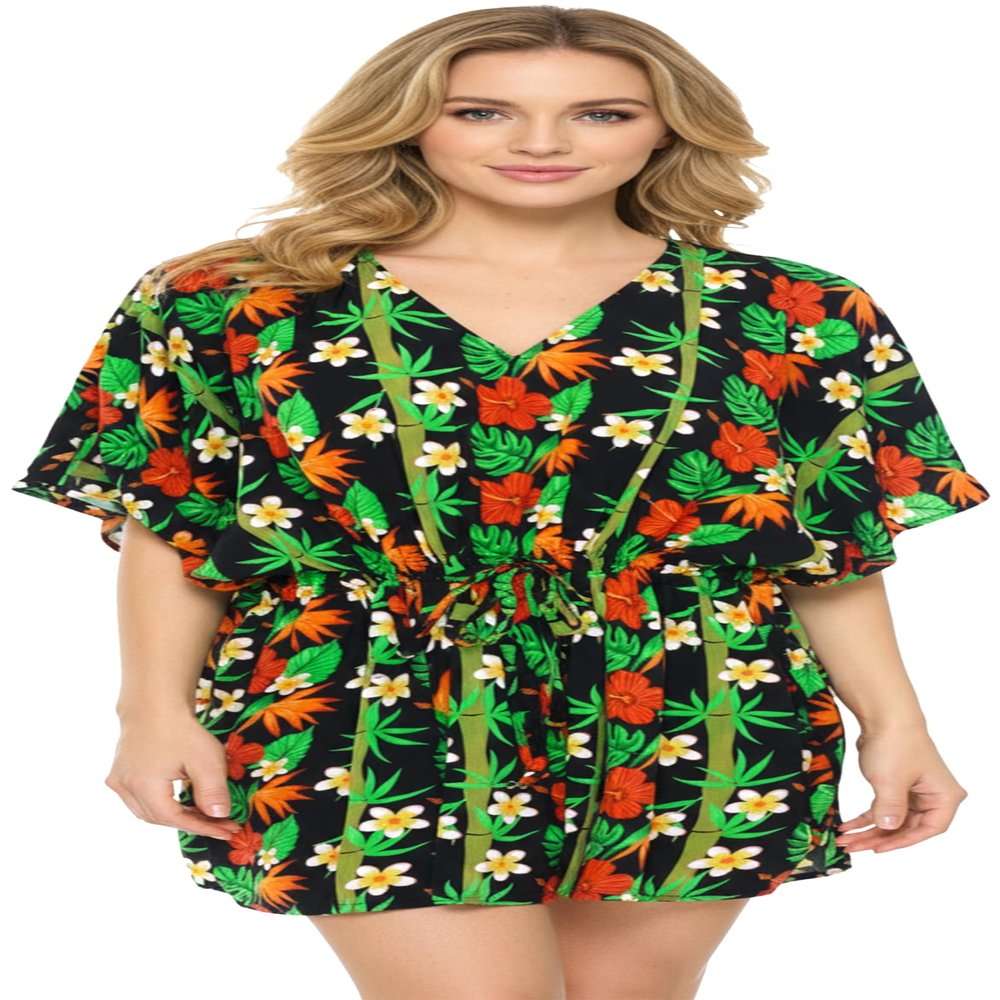 LA LEELA Women's Beachwear Summer Swim Beach Dress Cover Ups for Swimwear Women Plus Size Casual Swimsuit Coverups for Women 3X-4X Coal, Floral Hibiscus Tree