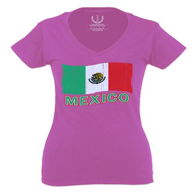 0038. Distressed Bandera Mexico Mexican Flag Coat of arms Mexicano 5 de Mayo for Women V Neck Fitted T Shirt (Pink Small)