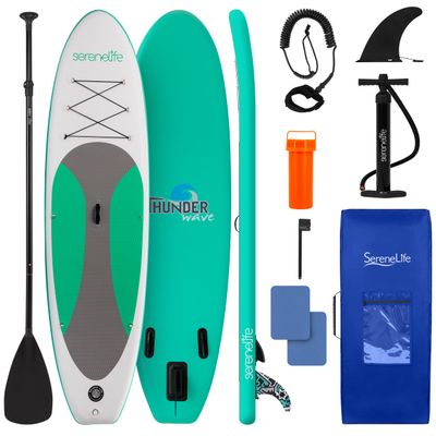 SereneLife Inflatable Stand Up Paddle Board - Wide Stable Design, Non-Slip Deck for Adults & Youth with Premium Paddle Board Accessories: Carry Bag, Dual Action Pump, Paddle, Ankle Leash - 10'