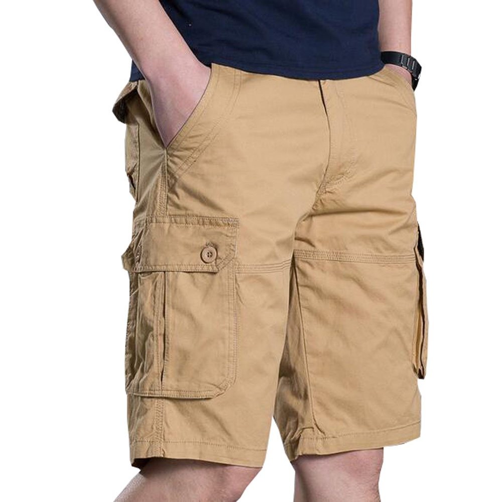MYtodo Summer men's Multi-pocket shorts cotton casual pants beach pants (36, Khaki)