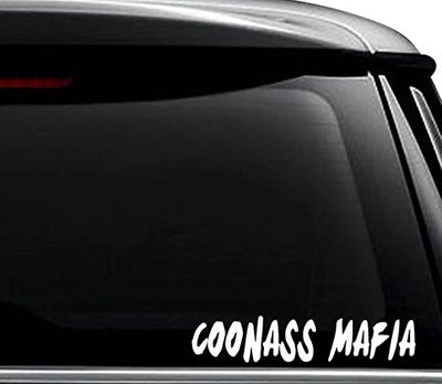 Coonass Mafia Decal Sticker For Use On Laptop, Helmet, Car, Truck, Motorcycle, Windows, Bumper, Wall, and Decor Size- [15 inch] / [38 cm] Wide / Color- Gloss White