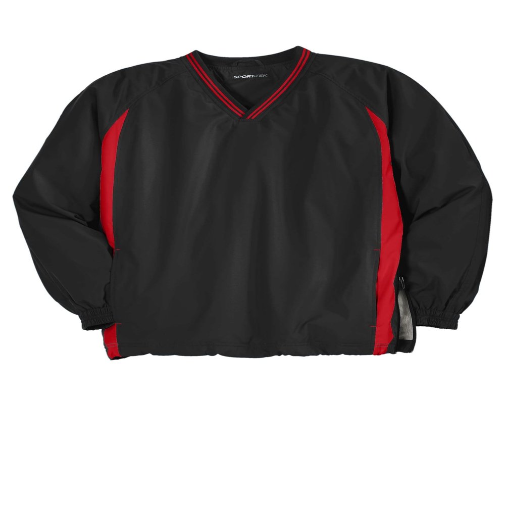 SPORT-TEK Unisex Tipped V-Neck Raglan Wind Shirt | Lightweight Rain Jacket for Men & Women, Pullover Windbreaker Jacket Black/True Red