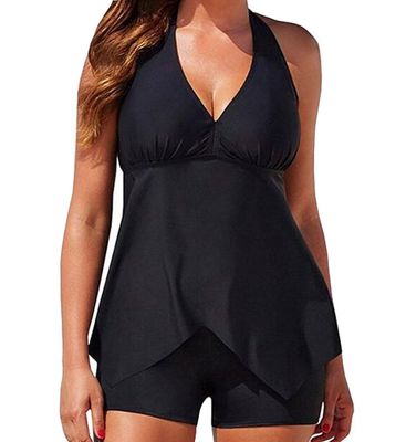 Eternatastic Women's Halter Top Tankini Swimwear with Boxer Swimsuit M Black