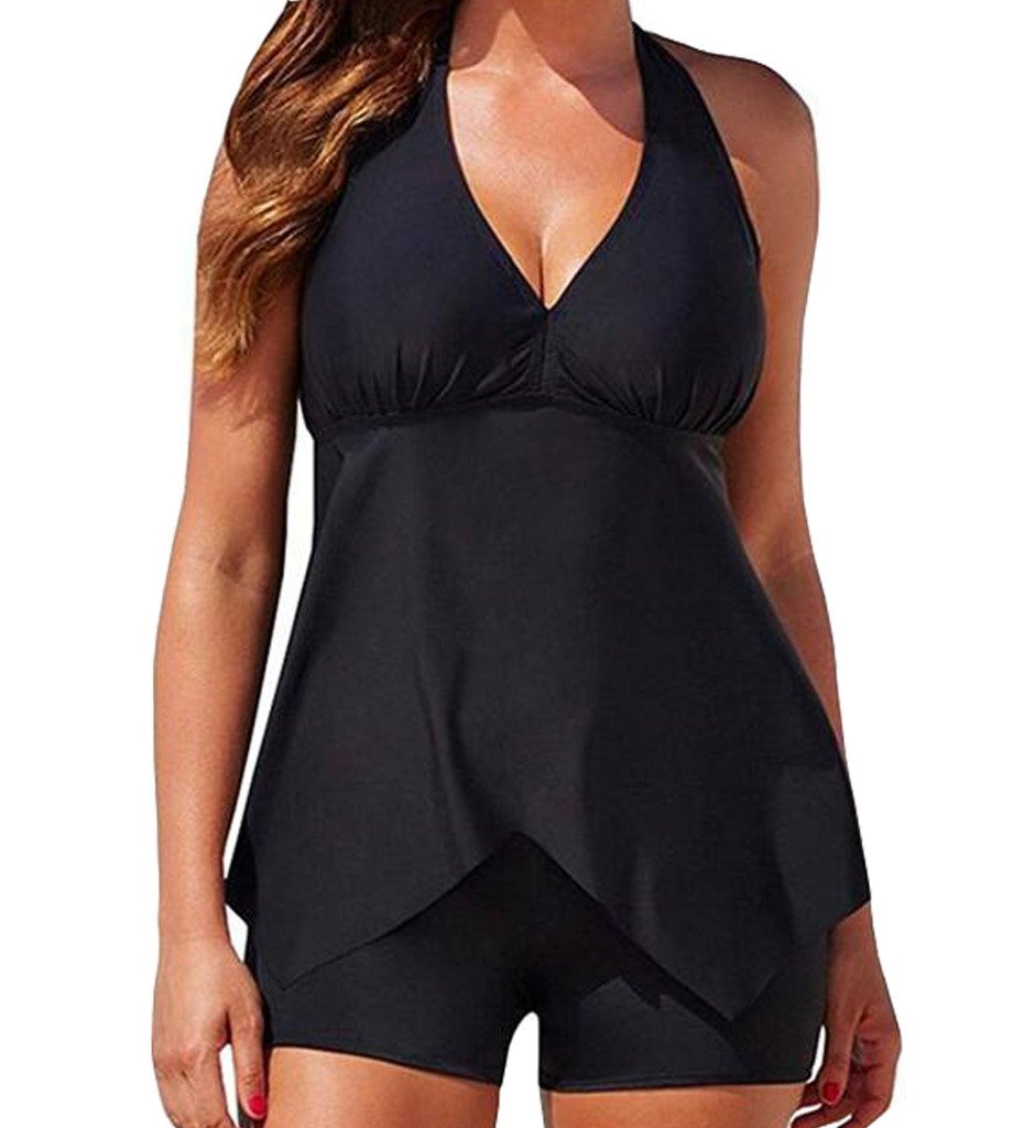 Eternatastic Women's Halter Top Tankini Swimwear with Boxer Swimsuit M Black