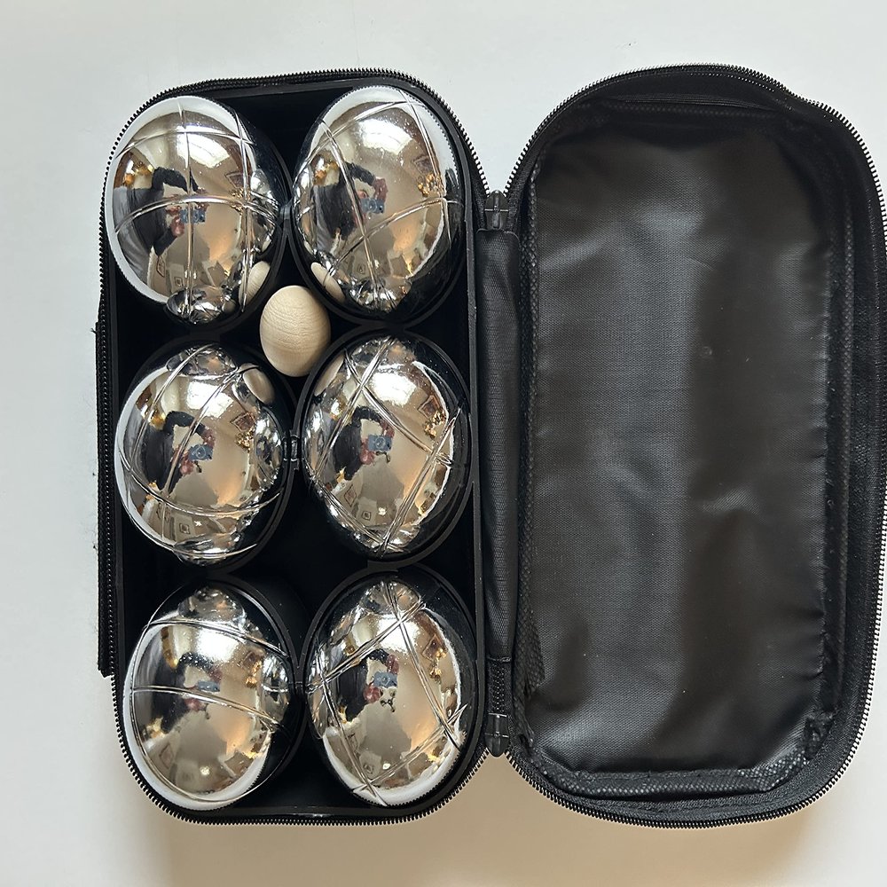 BuyBocceBalls Listing - 73mm Metal Bocce/Petanque Set with 6 Silver Balls and Green Bag - Single