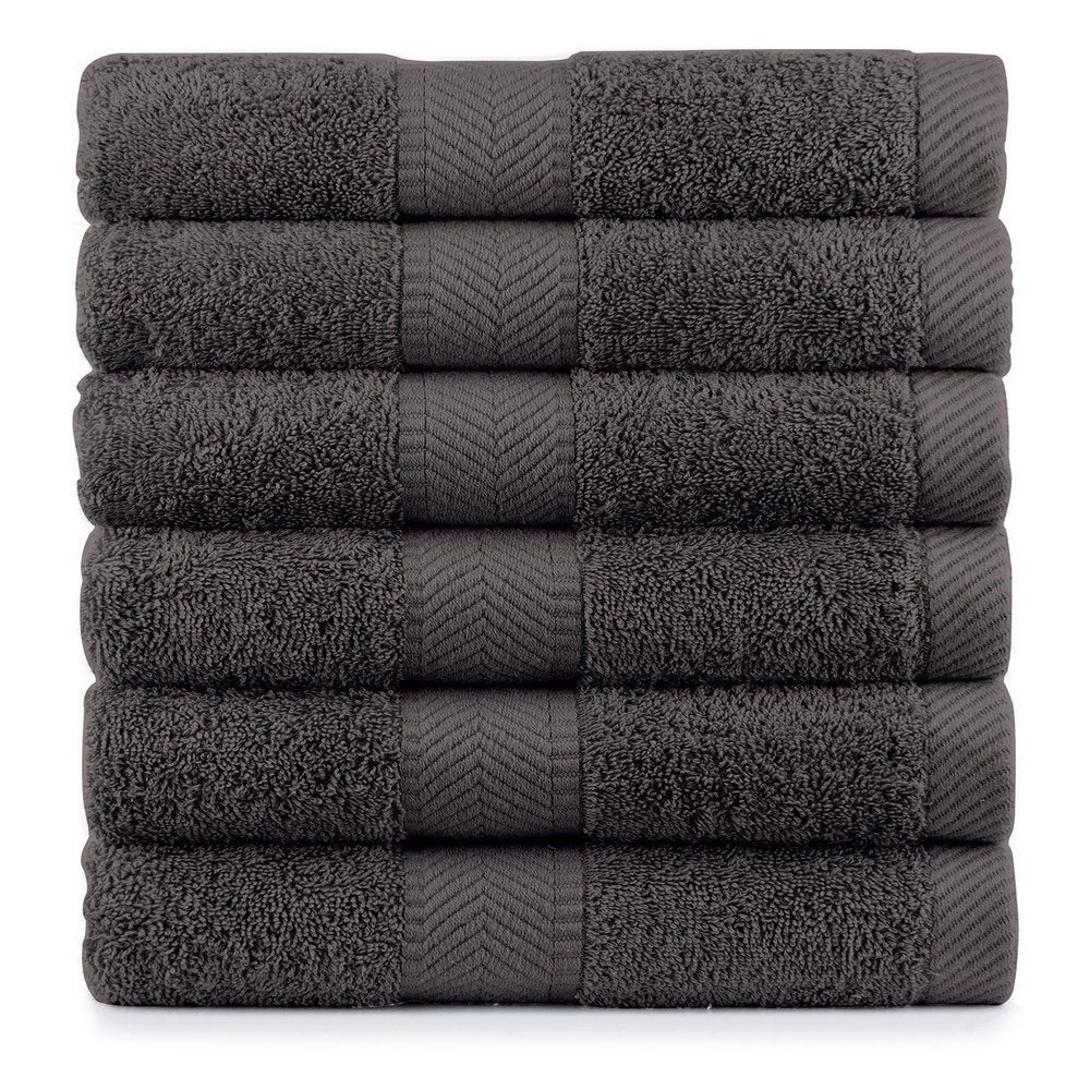 BY LORA Terry Cotton Hand Towels, Charcoal, Set of 6