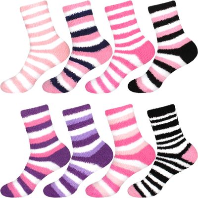 BambooMN Super Soft Warm Microfiber Cozy Fuzzy Home Stripe Socks - 8 Pairs - Assortment S4