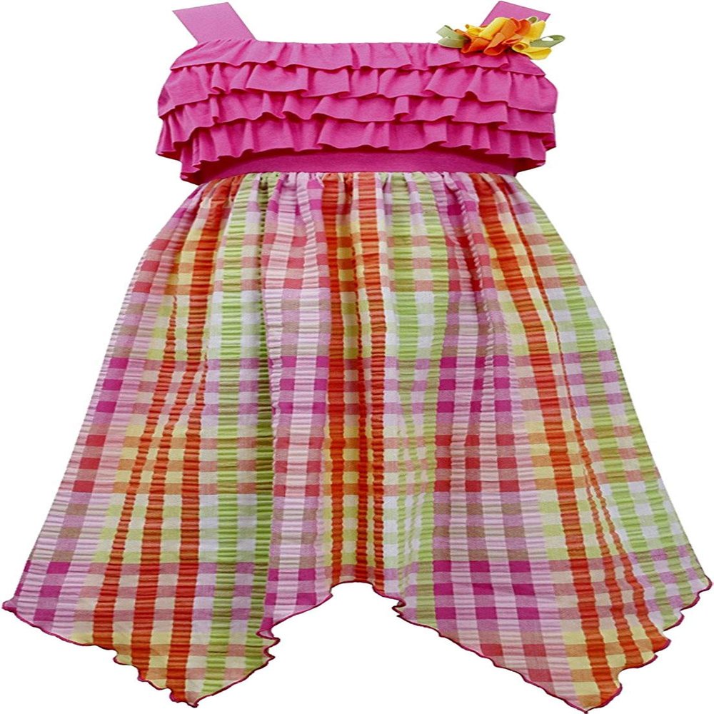 Tween Girls 7-16 Fuchsia Ruffly Knit to Multi Plaid Seersucker Hanky Hem Dress (14, Fuchsia/Multi)