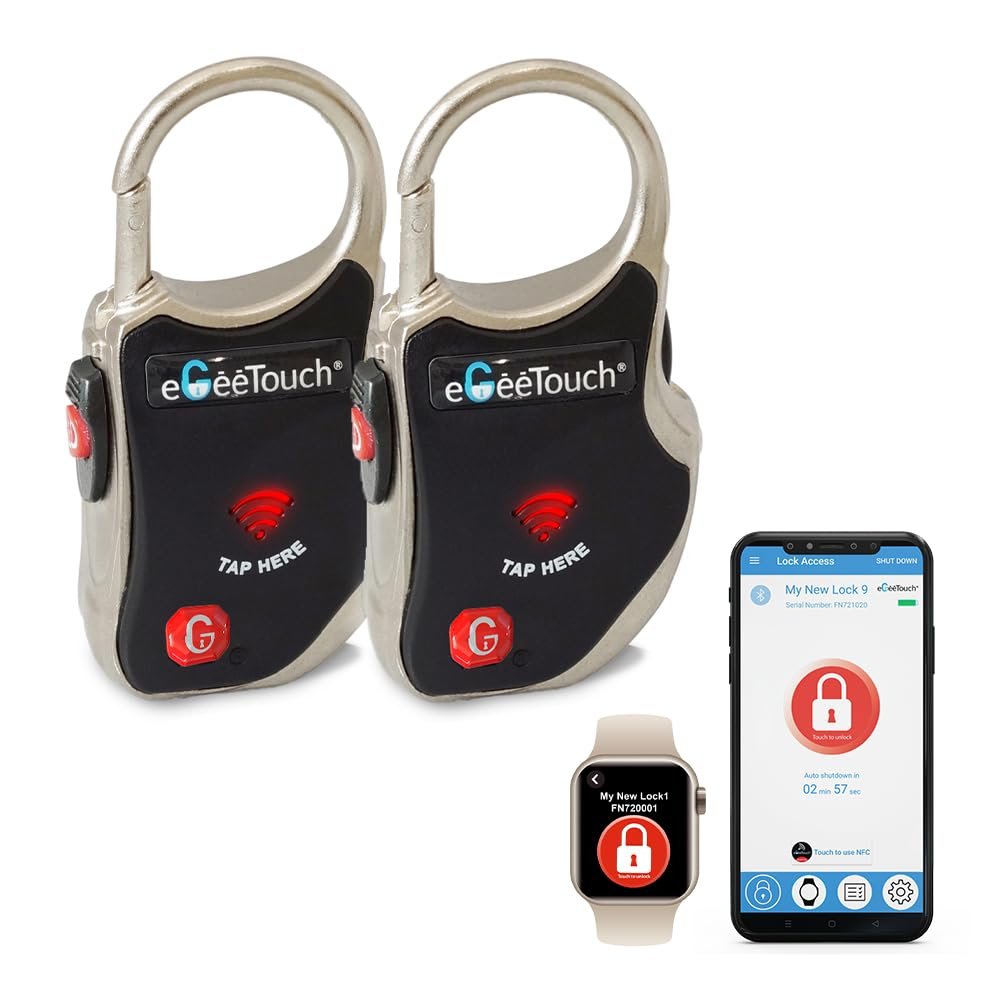 eGeeTouch Smart Luggage Lock with Patented Dual Access Tech, NFC + Bluetooth, Vicinity Tracking (Black 2 Pack)