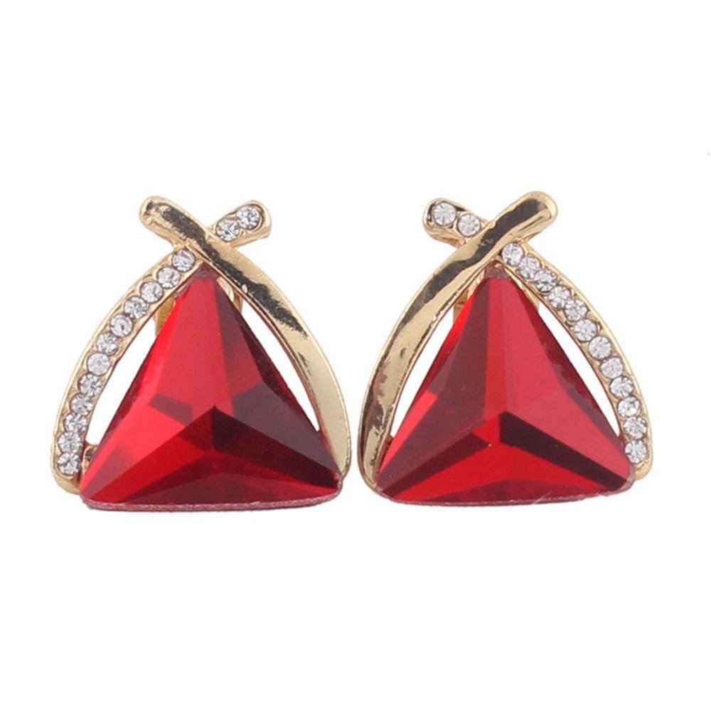 Grace Jun Fashion Bridal Rhinestone Crystal Triangle Shape Clip on Earrings Non Piercing for Women Ear Clip (Red)