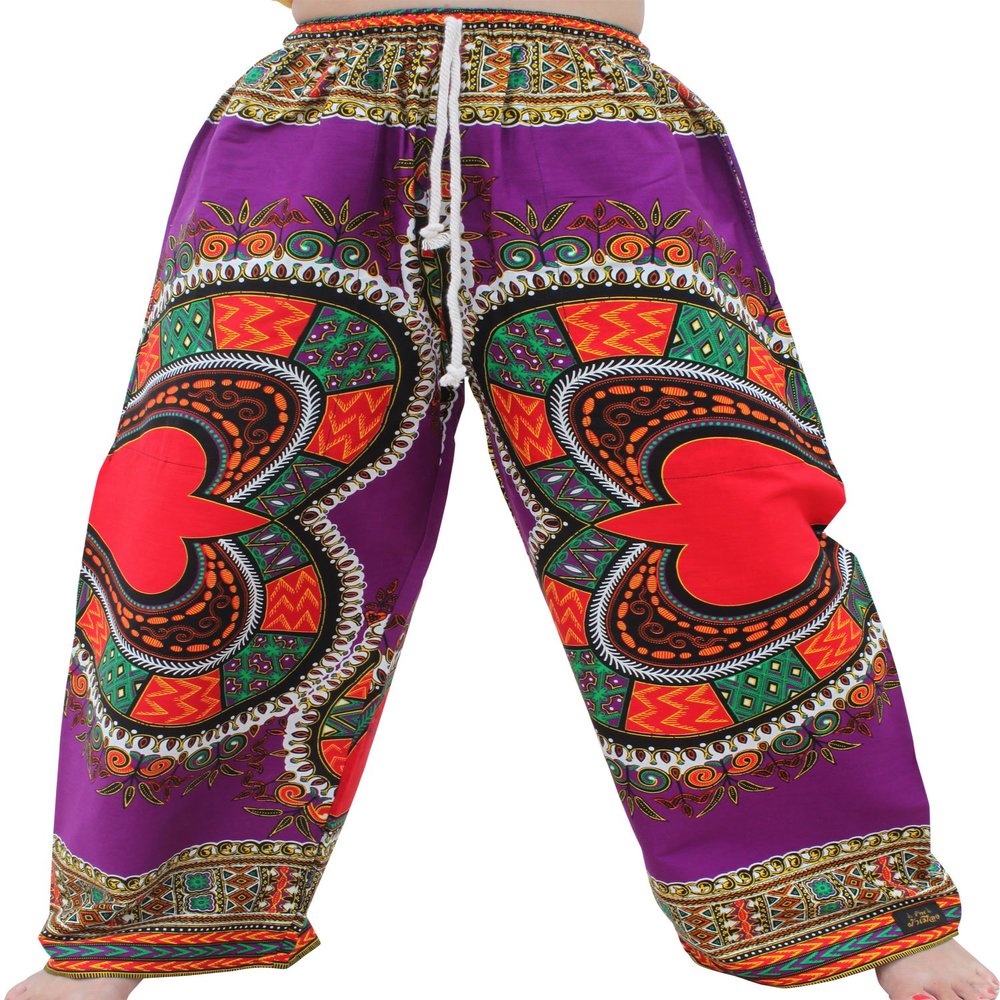 RaanPahMuang Baggy Straight Leg Carnival Dashiki Print Unisex Pants Heart Print, Small, Heart Print Violet