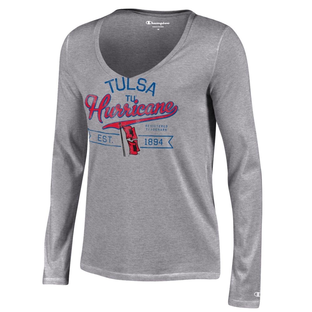 Champion Women's NCAA University Long Sleeve V-Neck T-Shirt, Gray, Small