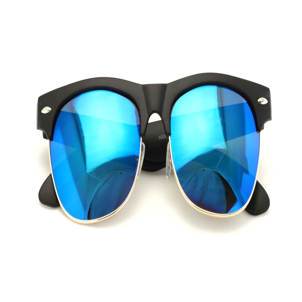 Classic Half Rim Round Vintage Retro Sunglasses (Matte Black, Blue Mirror)