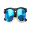 Classic Half Rim Round Vintage Retro Sunglasses (Matte Black, Blue Mirror) view 1