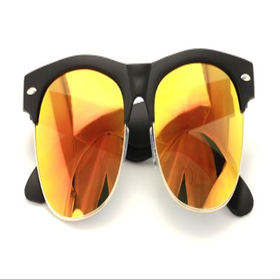 Classic Half Rim Round Vintage Retro Sunglasses (Matte Black, Orange Mirror)