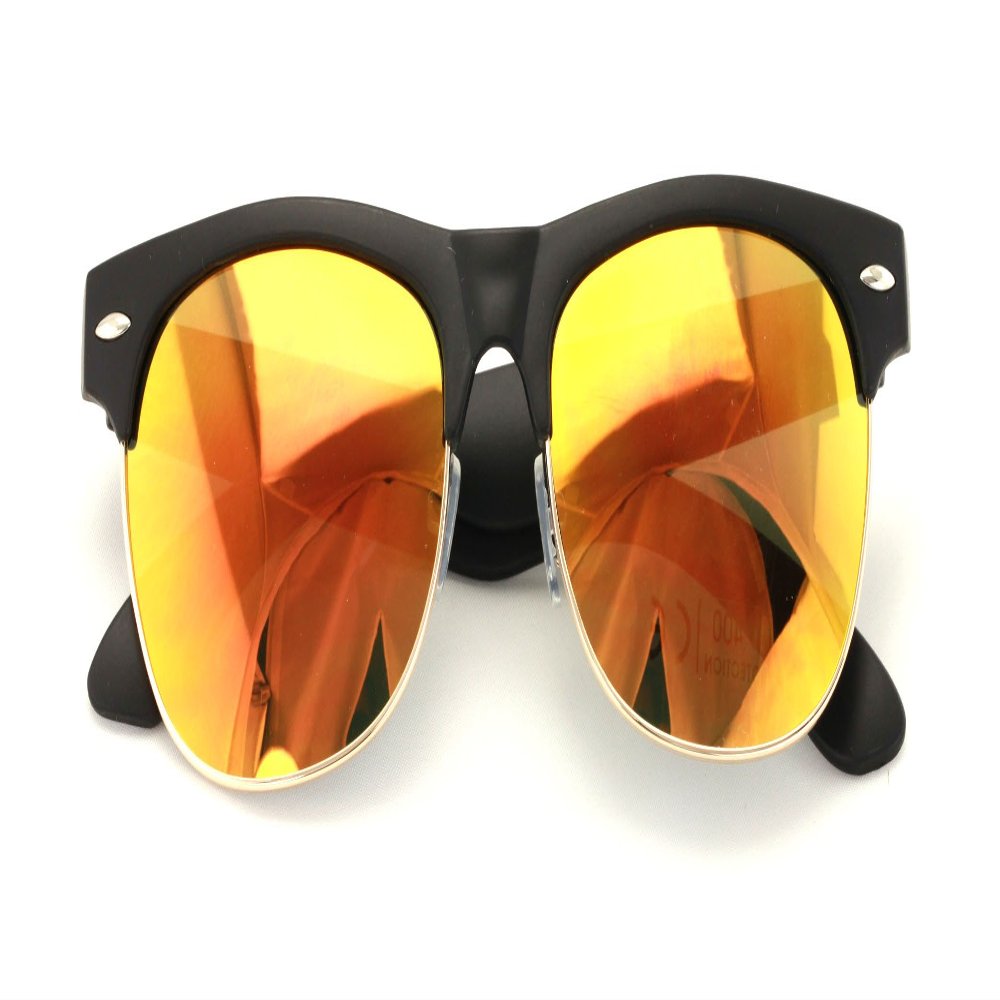 Classic Half Rim Round Vintage Retro Sunglasses (Matte Black, Orange Mirror)