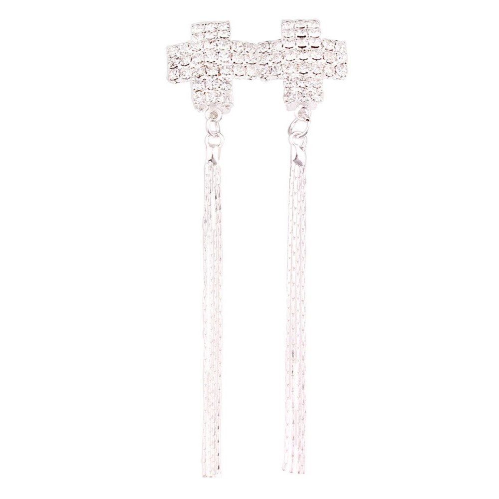 Grace Jun Bridal Silver Plated Rhinestone Crystal Long Tassel Clip on earrings Non Piercing for Women (23)