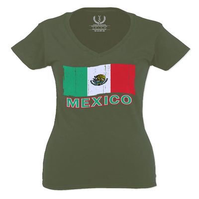 0038. Distressed Bandera Mexico Mexican Flag Coat of arms Mexicano 5 de Mayo for Women V Neck Fitted T Shirt (Black, Medium)