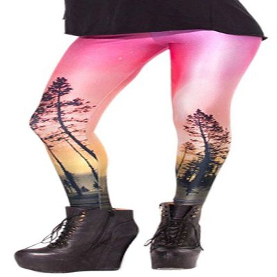 Sister Amy Women's Digital Galaxy Printted Ankle Elastic Tights Legging Pink Sky Tree US XL