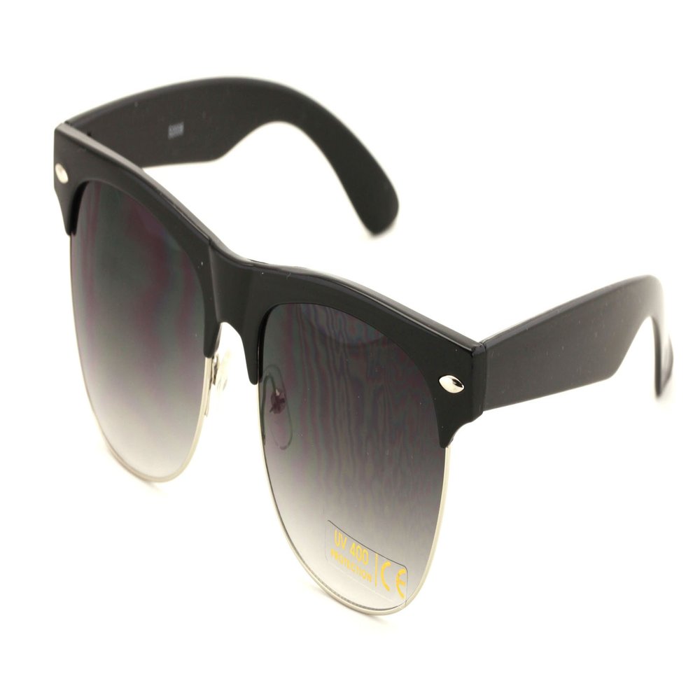 Classic Half Rim Round Vintage Retro Sunglasses (Matte Black, Black Gradient)