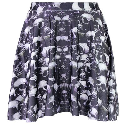 Sister Amy Women's Pleated Elastic Waist Band Flared Printed Midi Skater Silver Skulls US M