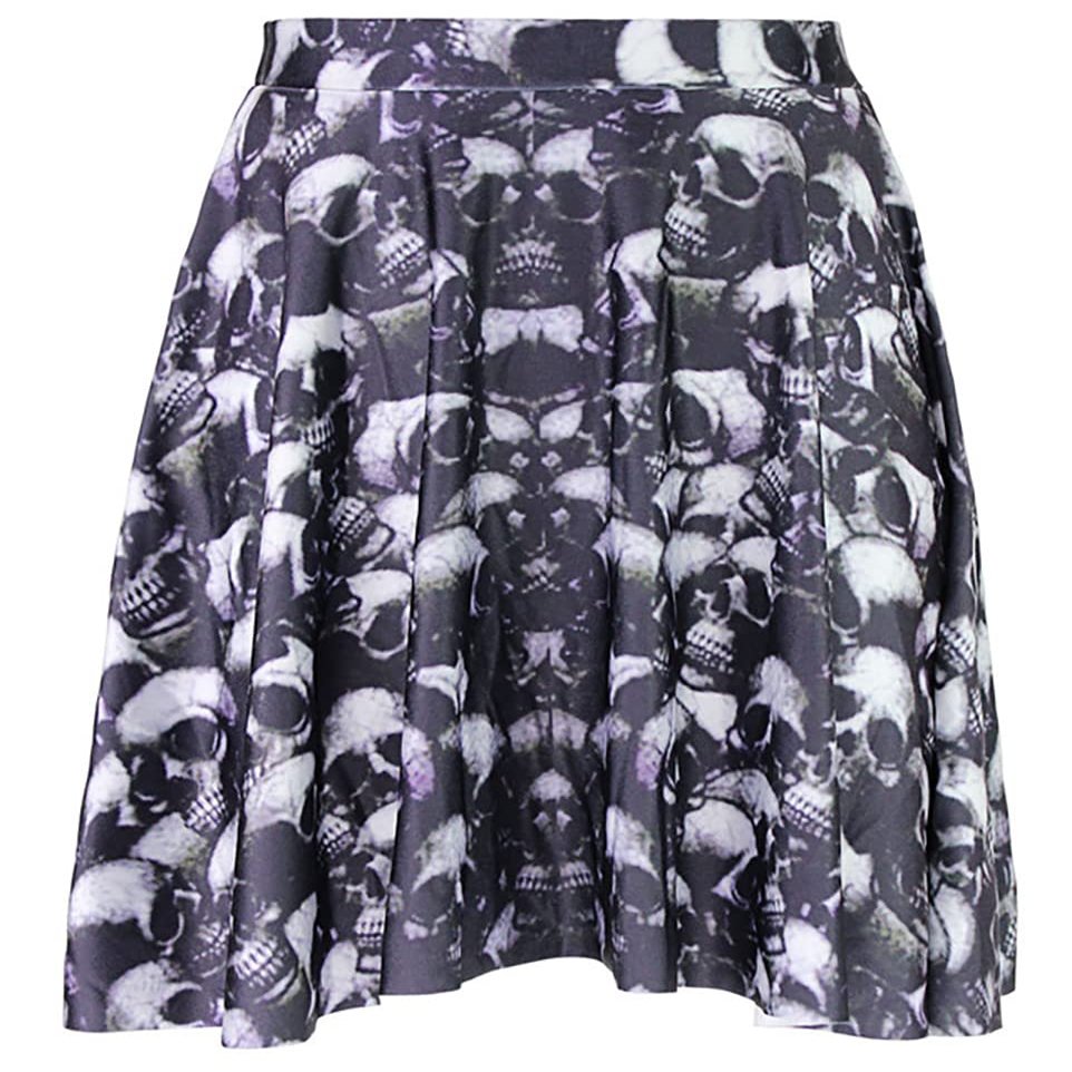 Sister Amy Women's Pleated Elastic Waist Band Flared Printed Midi Skater Silver Skulls US M