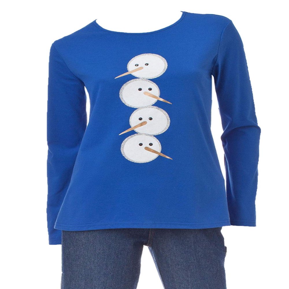 Rebecca Malone Holiday Embellished Long Sleeve Top (Medium, Blue Snowmen)