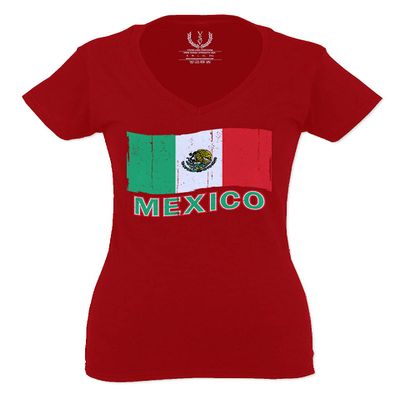 0038. Distressed Bandera Mexico Mexican Flag Coat of arms Mexicano 5 de Mayo for Women V Neck Fitted T Shirt (Red, Small)