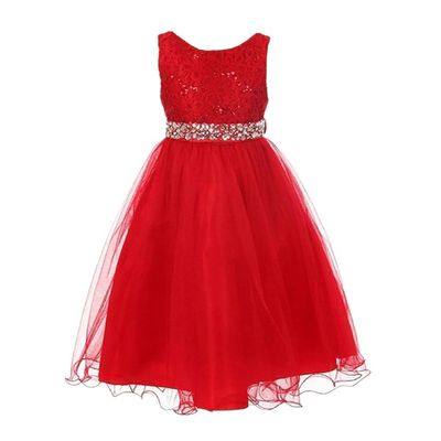 DreamHigh Wedding Flower Girl's Sequined Shining Crystal Waist Evening Dress up Red 7-8 Years
