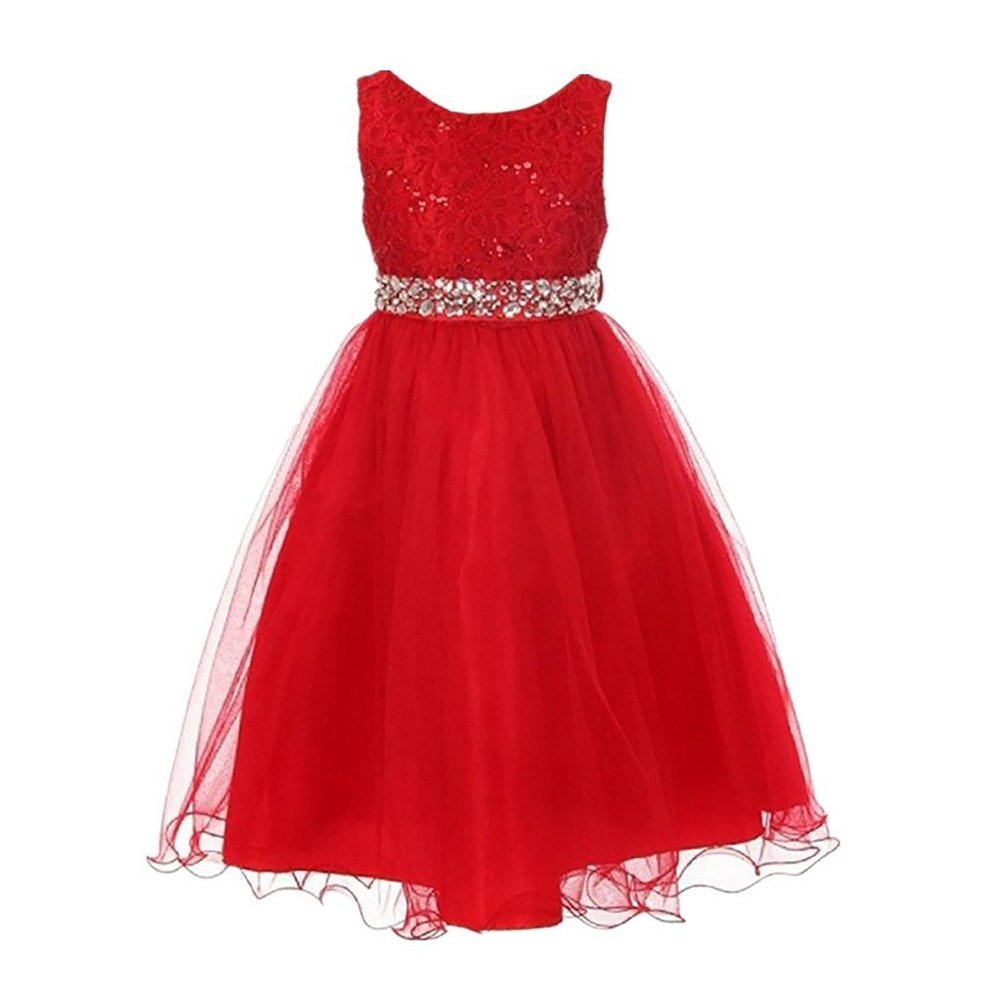 DreamHigh Wedding Flower Girl's Sequined Shining Crystal Waist Evening Dress up Red 7-8 Years