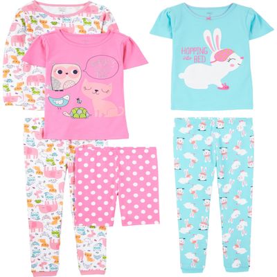 Simple Joys by Carter's Toddler Girls 6-piece Snug Fit Cotton Pajama Set, Bunny/Animals Green, 2T