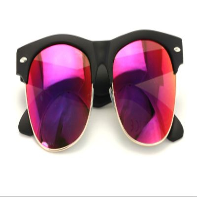 Classic Half Rim Round Vintage Retro Sunglasses (Matte Black, Purple Mirror)