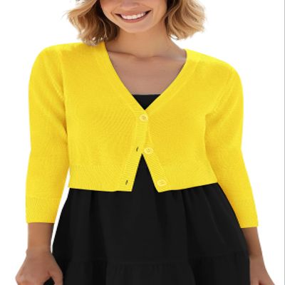Urban CoCo Women's Cropped Cardigan V-Neck Button Down Knitted Sweater 3/4 Sleeve (XL, Lemon Yellow)