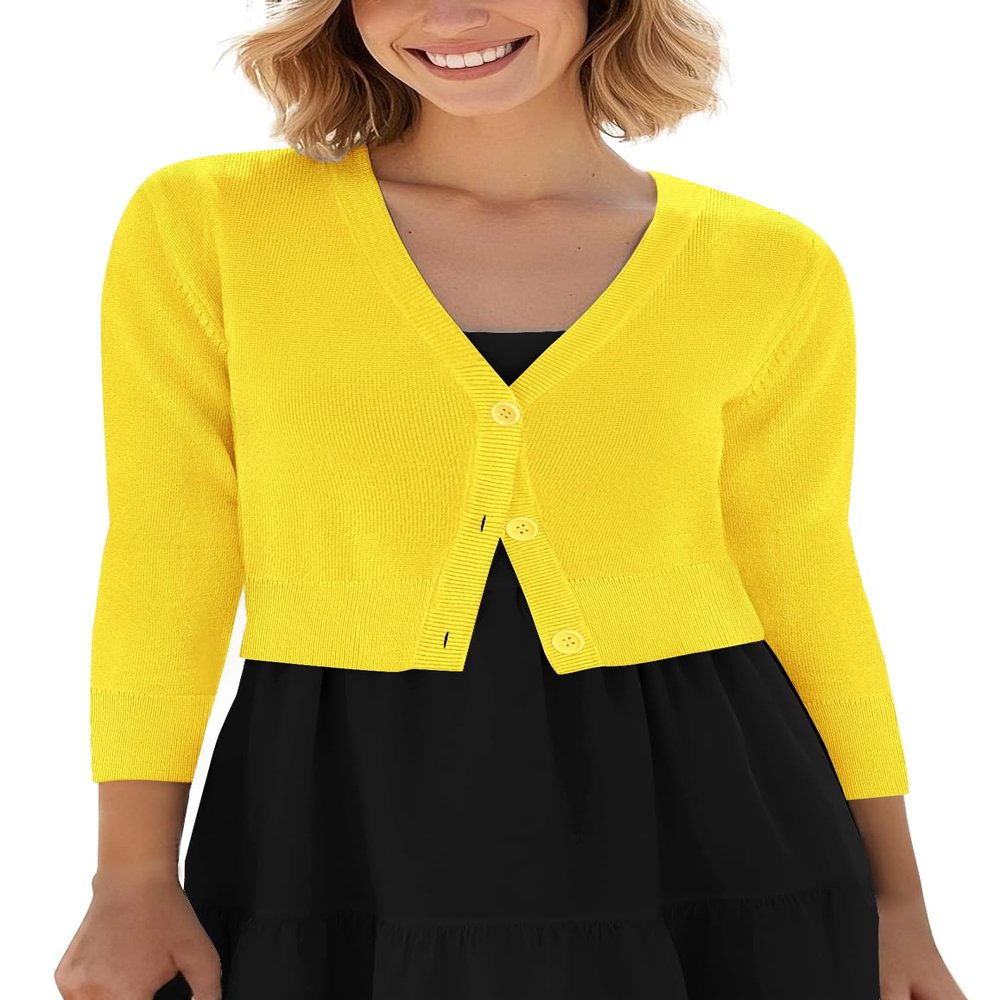 Urban CoCo Women's Cropped Cardigan V-Neck Button Down Knitted Sweater 3/4 Sleeve (XL, Lemon Yellow)