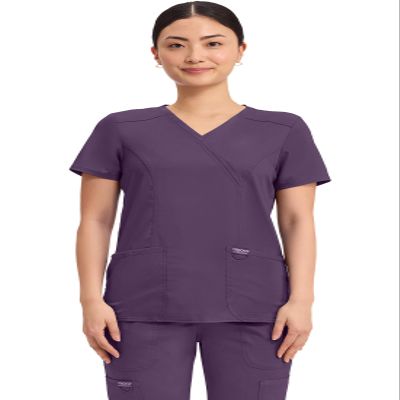 Cherokee Scrubs Top for Women Mock Wrap with 3 Pockets, Soft, 2-Way Stretch & Durable Fabric - WW610, M, Eggplant