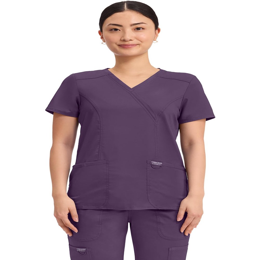 Cherokee Scrubs Top for Women Mock Wrap with 3 Pockets, Soft, 2-Way Stretch & Durable Fabric - WW610, M, Eggplant