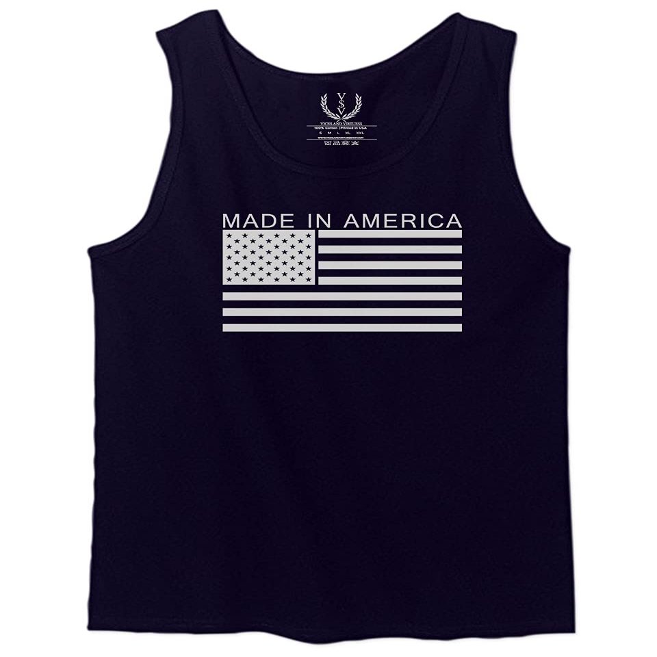0010. Patriotic American Proud Made in USA United States America Flag Military Patriotic Style Men's Tank Top (Navy Blue, X-Large)