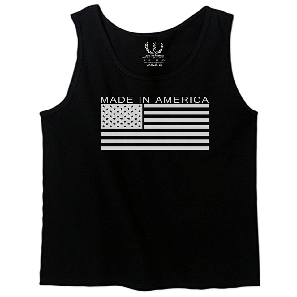 0010. Patriotic American Proud Made in USA United States America Flag Military Patriotic Style Men's Tank Top (Black, Small)