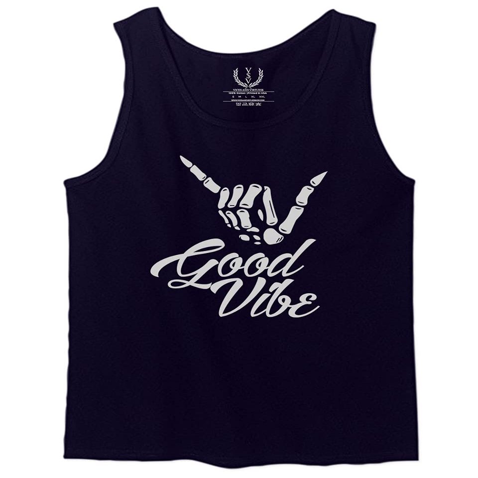 0013. Big Good Vibe Bones Hand Shaka Cool Vintage Hipster Graphic Men's Tank Top (Navy Blue, Small)