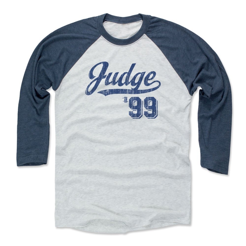 500 LEVEL Aaron Judge 3/4 Sleeve T-Shirt (Baseball Tee, Small, Indigo/Ash) - Aaron Judge Script B