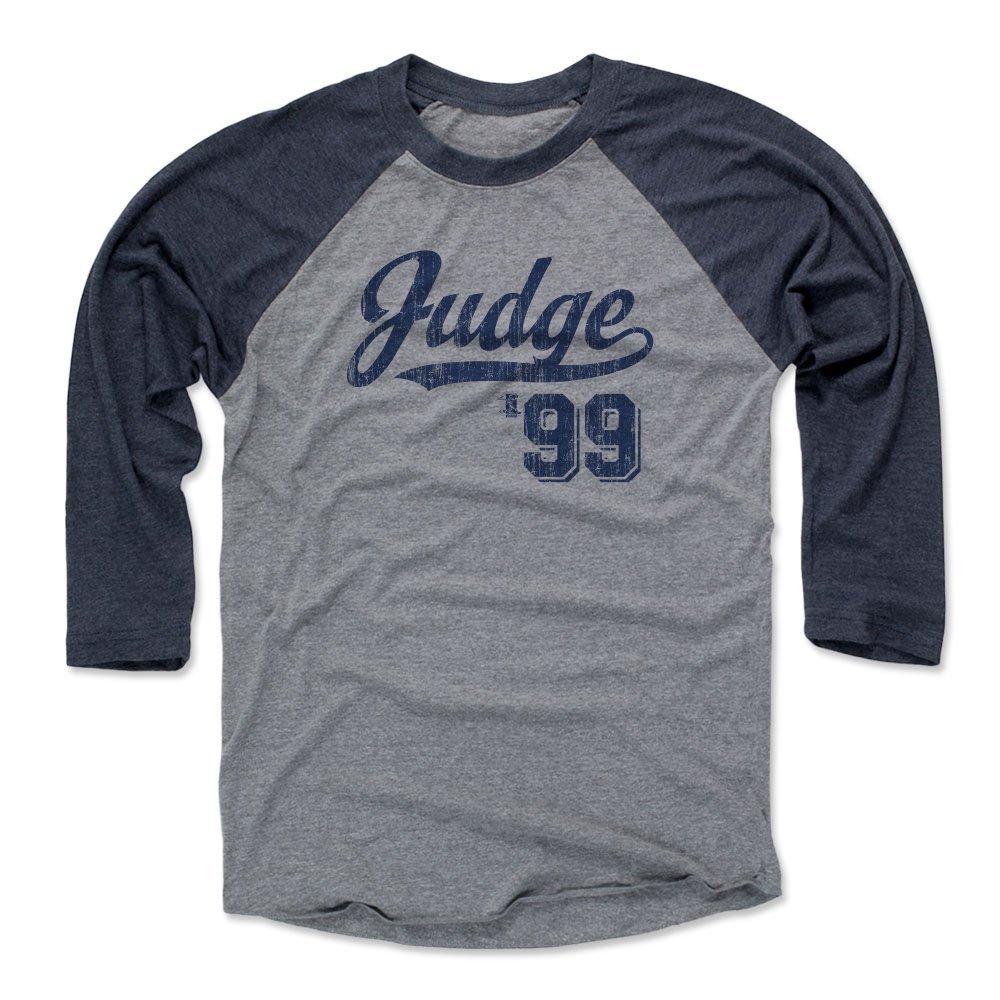 500 LEVEL Aaron Judge 3/4 Sleeve T-Shirt (Baseball Tee, Large, Navy/Heather Gray) - Aaron Judge Script B