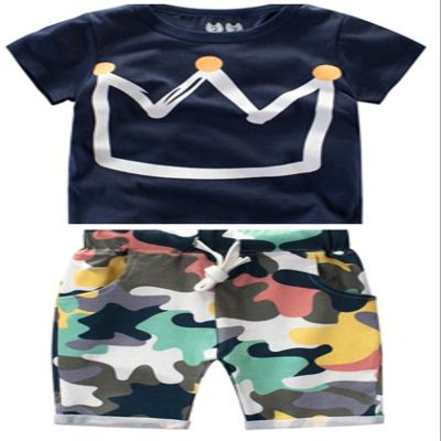 FTSUCQ Boys Cartoon Crown Short Sleeve Shirt Top with Camo Shorts, Two-Pieces Sets,Blue 140