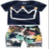 FTSUCQ Boys Cartoon Crown Short Sleeve Shirt Top with Camo Shorts, Two-Pieces Sets,Blue 140 view 1