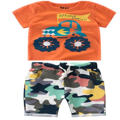 FTSUCQ Boys Cartoon Short Sleeve Shirt Top with Camo Shorts, Two-Pieces Sets,Orange 120