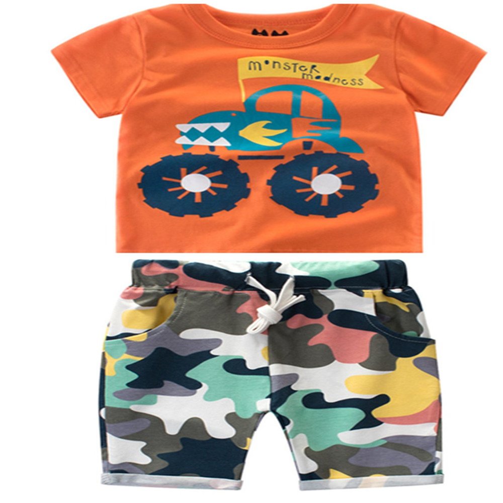 FTSUCQ Boys Cartoon Short Sleeve Shirt Top with Camo Shorts, Two-Pieces Sets,Orange 120