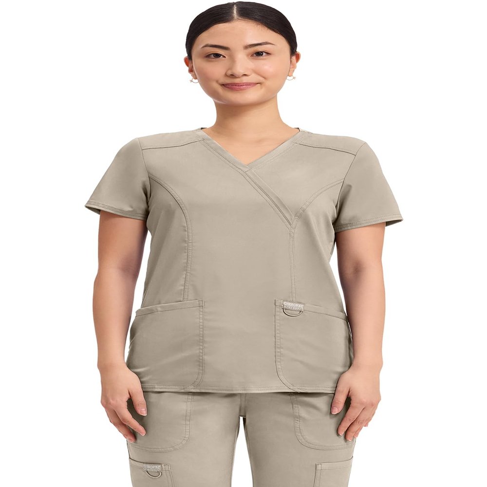 Cherokee Scrubs Top for Women Mock Wrap with 3 Pockets, Soft, 2-Way Stretch & Durable Fabric Plus Size - WW610, 4XL, Khaki