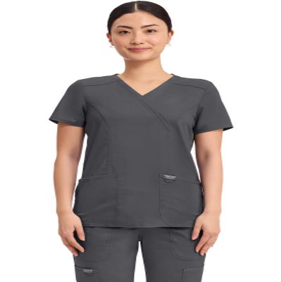 Cherokee Scrubs Top for Women Mock Wrap with 3 Pockets, Soft, 2-Way Stretch & Durable Fabric Plus Size - WW610, 3XL, Pewter