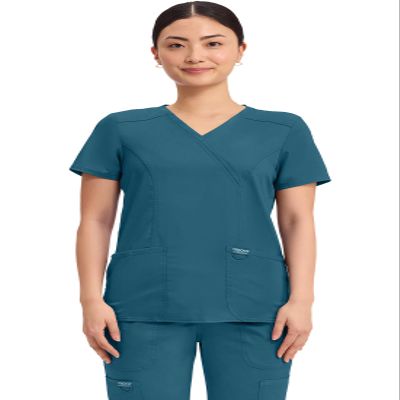 Cherokee Scrubs Top for Women Mock Wrap with 3 Pockets, Soft, 2-Way Stretch & Durable Fabric Plus Size - WW610, 2XL, Caribbean Blue