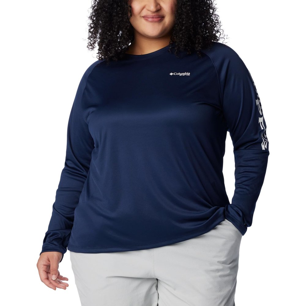 Columbia Womens PFG Tidal Tee II Long Sleeve Sun Protection Shirt, Collegiate Navy/White Logo, 3X
