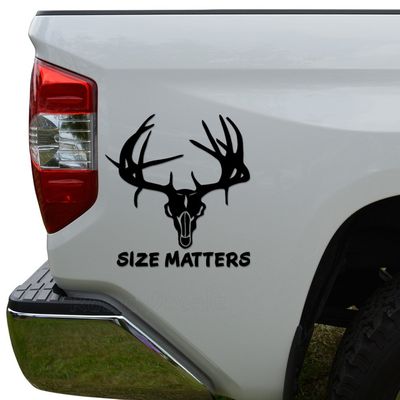 Rosie Decals Size Matters Deer Skull Antlers Hunting Die Cut Vinyl Decal Sticker For Car Truck Motorcycle Window Bumper Wall Decor Size- [8 inch/20 cm] Tall Color- Matte Black